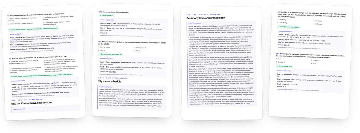 Sample pages of quantitative aptitude notes and solved papers with worked solutions